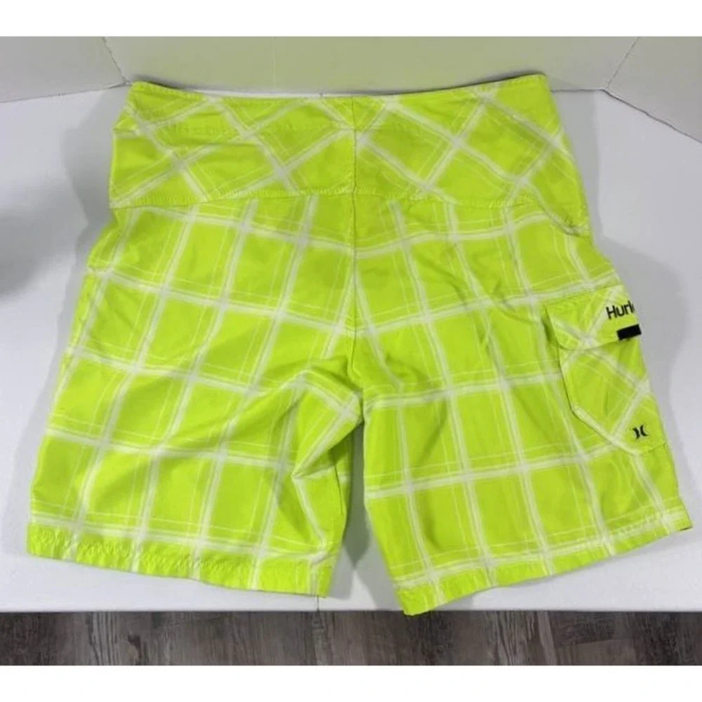Hurley Board Shorts Mens 38 Neon Green Plaid Surf Swim Y2K Beach Skater Surfcore